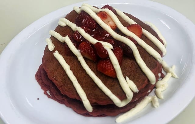 Red Velvet Strawberry Pancakes.
